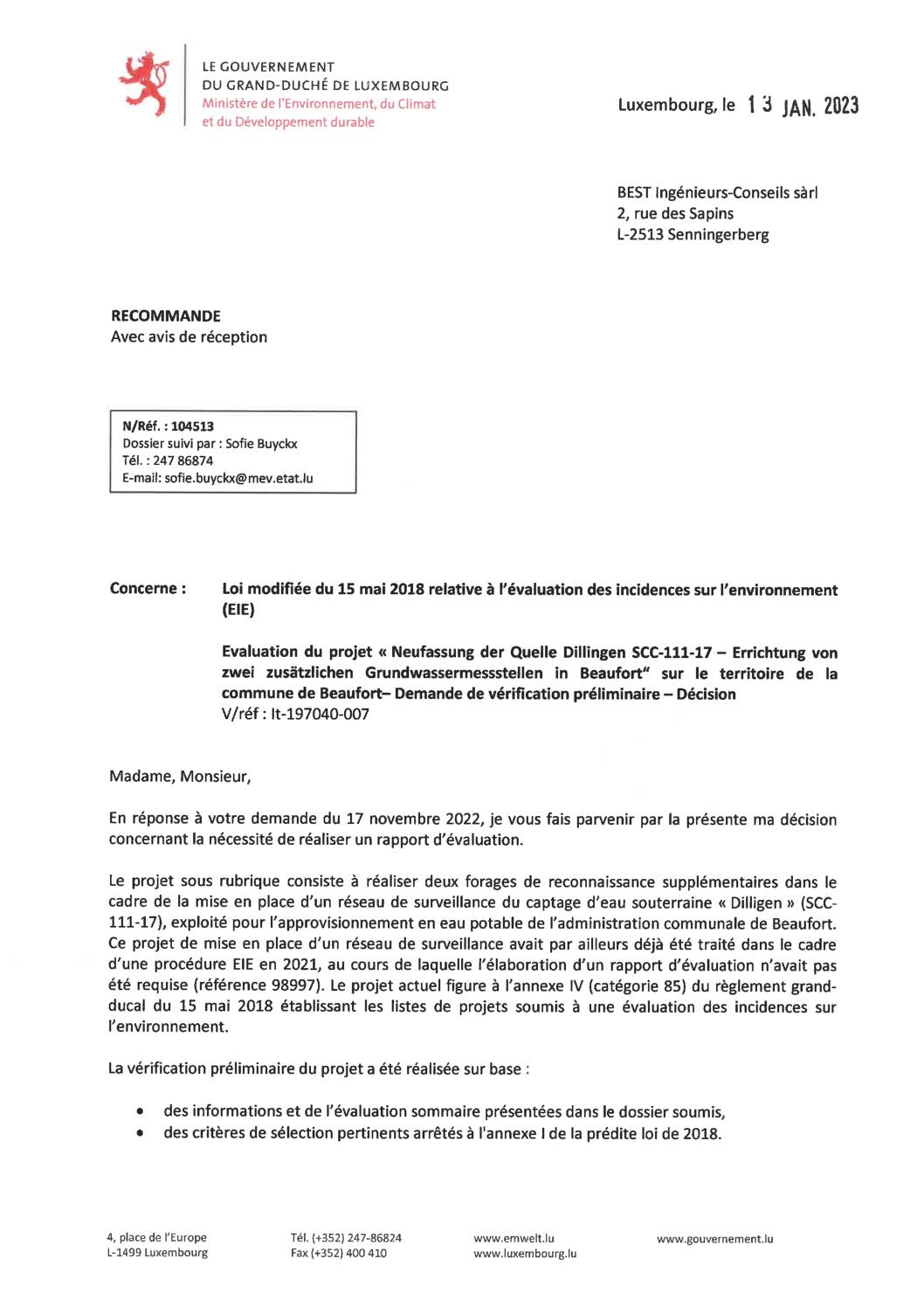 Decision évaluation des incidences sur l'environnement source Dillingen