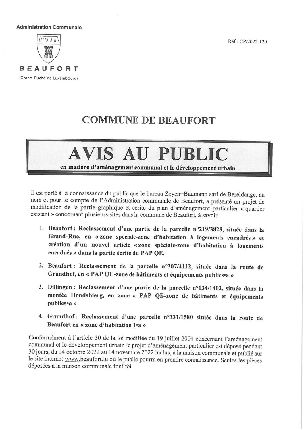 Avis modification PAP QE plusieurs sites dans la commune de Beaufort