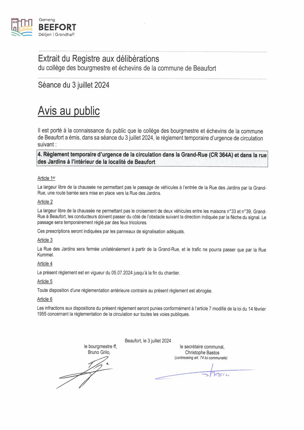 05.07.2024: Règlement temporaire d’urgence de la circulation Grand-Rue / rue des Jardins