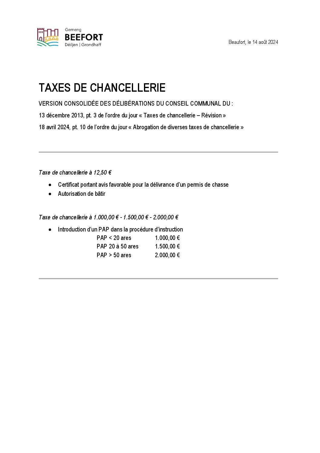 Taxes de chancellerie - version consolidée