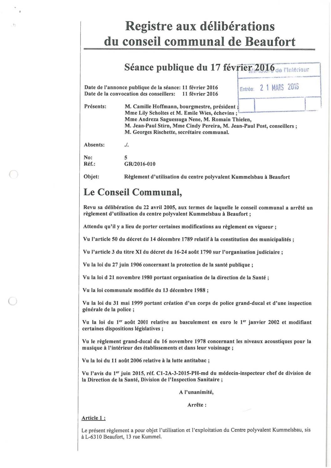 Règlement d'utilisation du centre polyvalent Kummelsbau à Beaufort