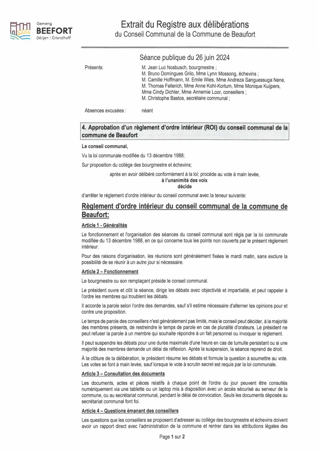 Règlement d'ordre intérieur (ROI) du conseil communal