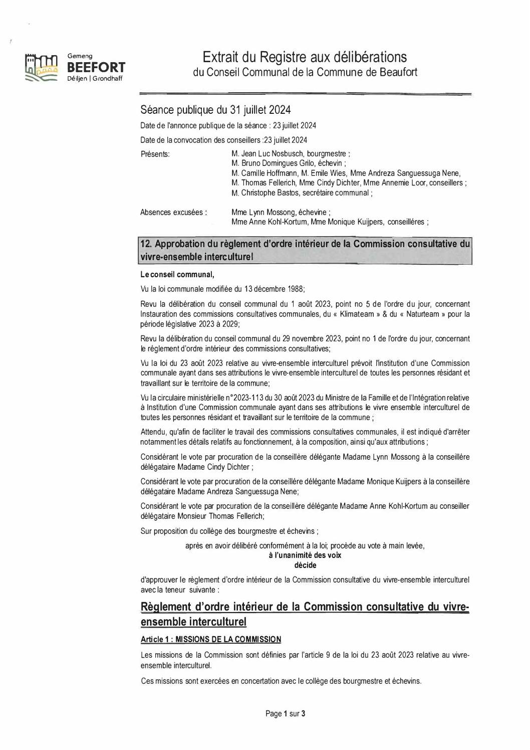 Règlement d'ordre intérieur (ROI) de la Commission consultative du vivre-ensemble interculturel