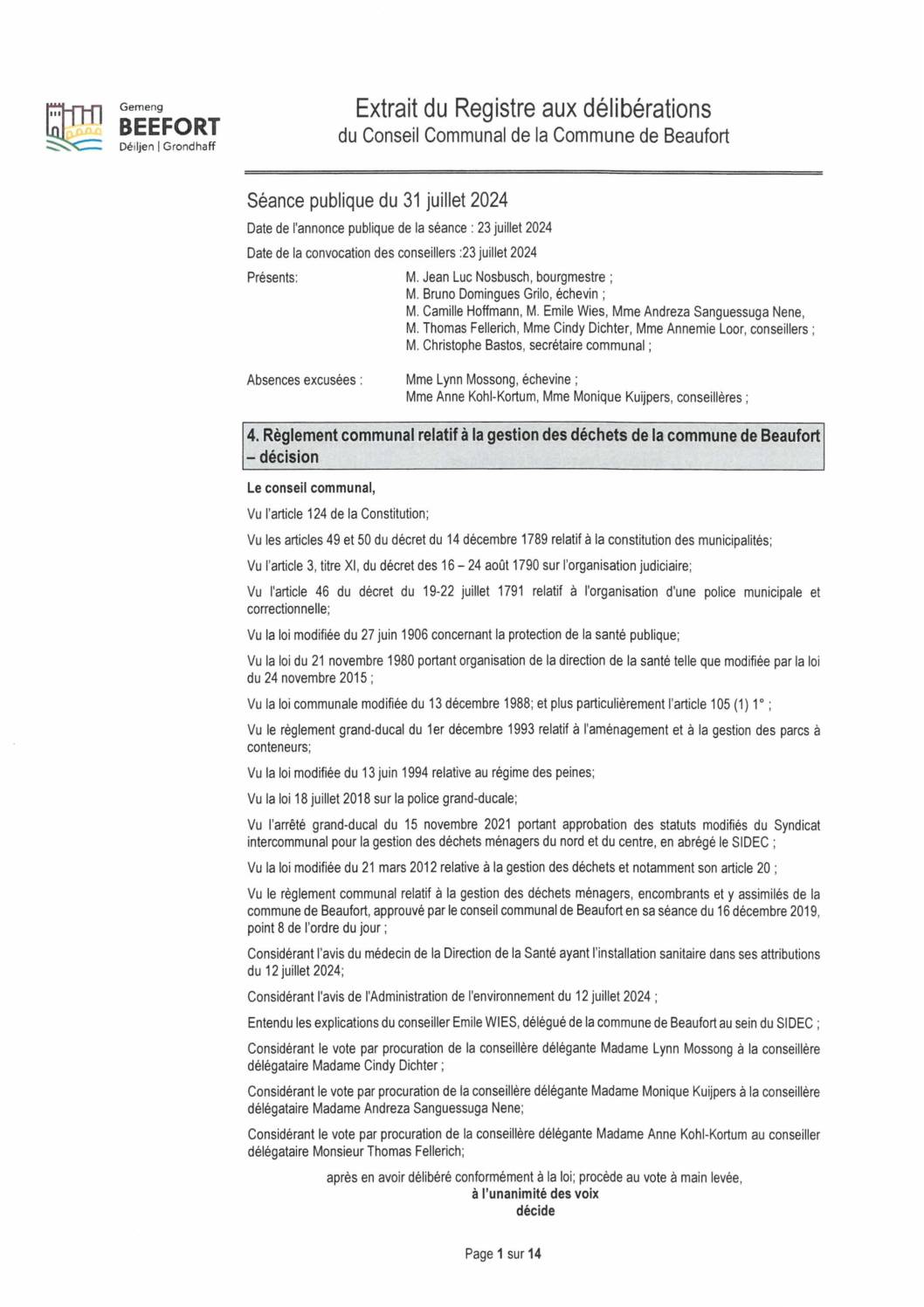 Règlement communal relatif à la gestion des déchets de la commune de Beaufort