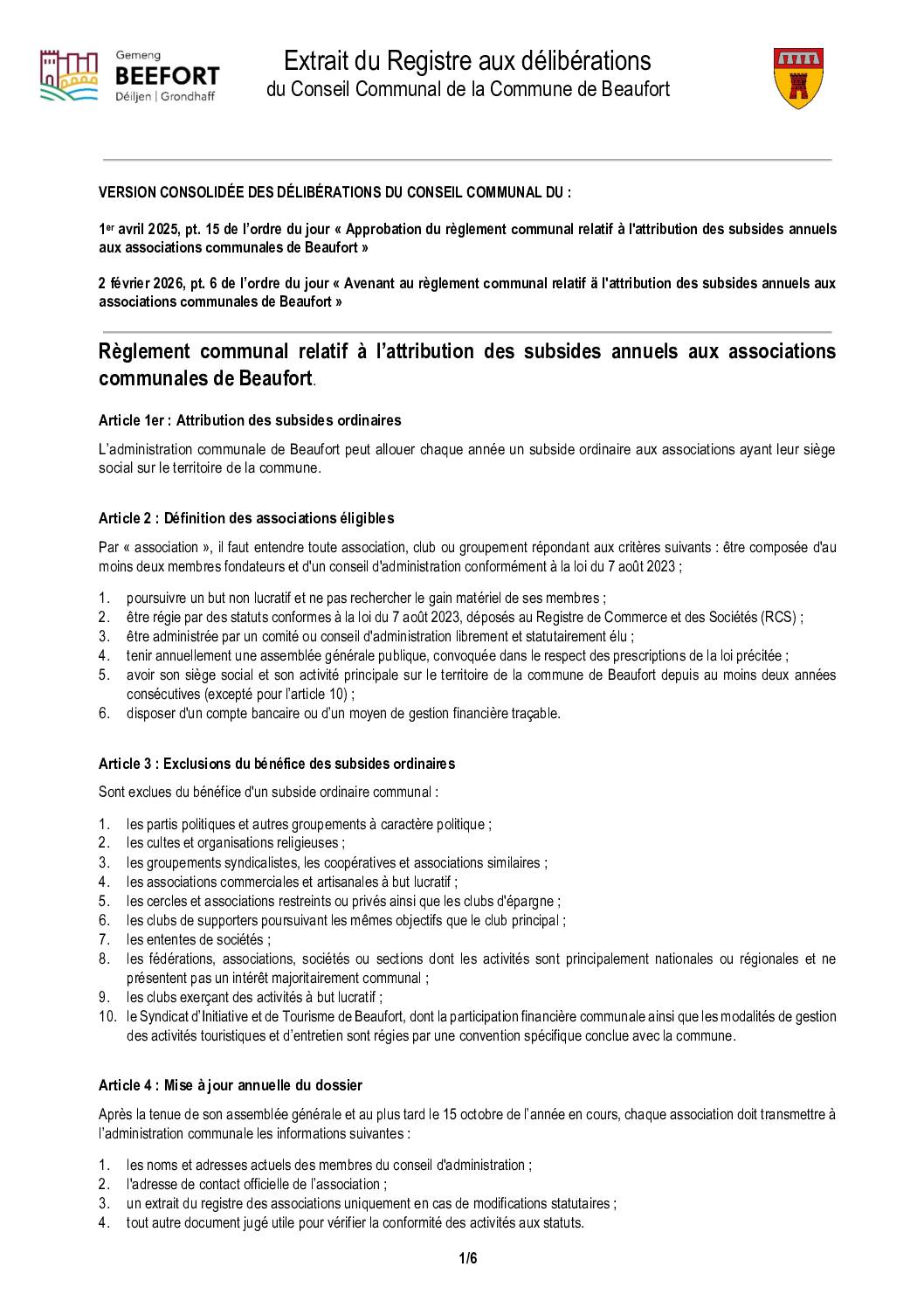 Règlement communal relatif à l’attribution des subsides annuels aux associations communales de Beaufort - version consolidée