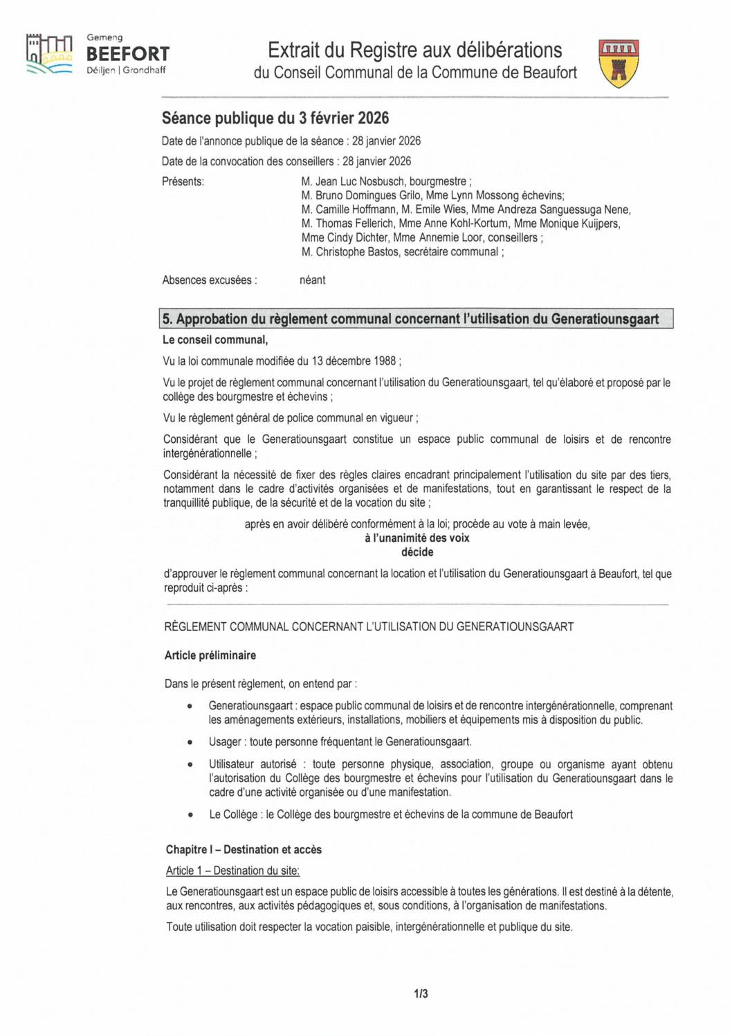 Règlement communal concernant l'utilisation du Generatiounsgaart