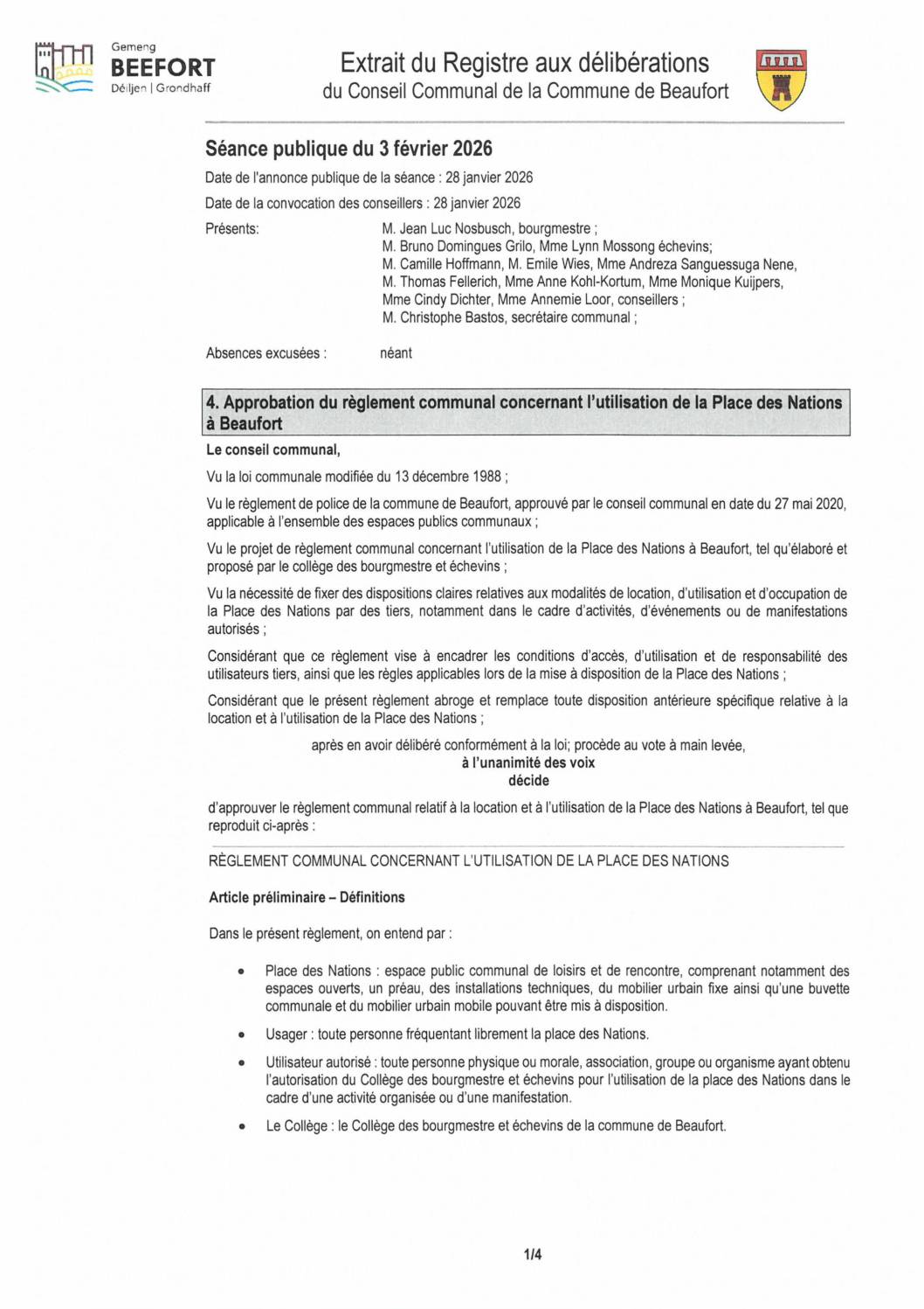 Règlement communal concernant l'utilisation de la Place des Nations à Beaufort