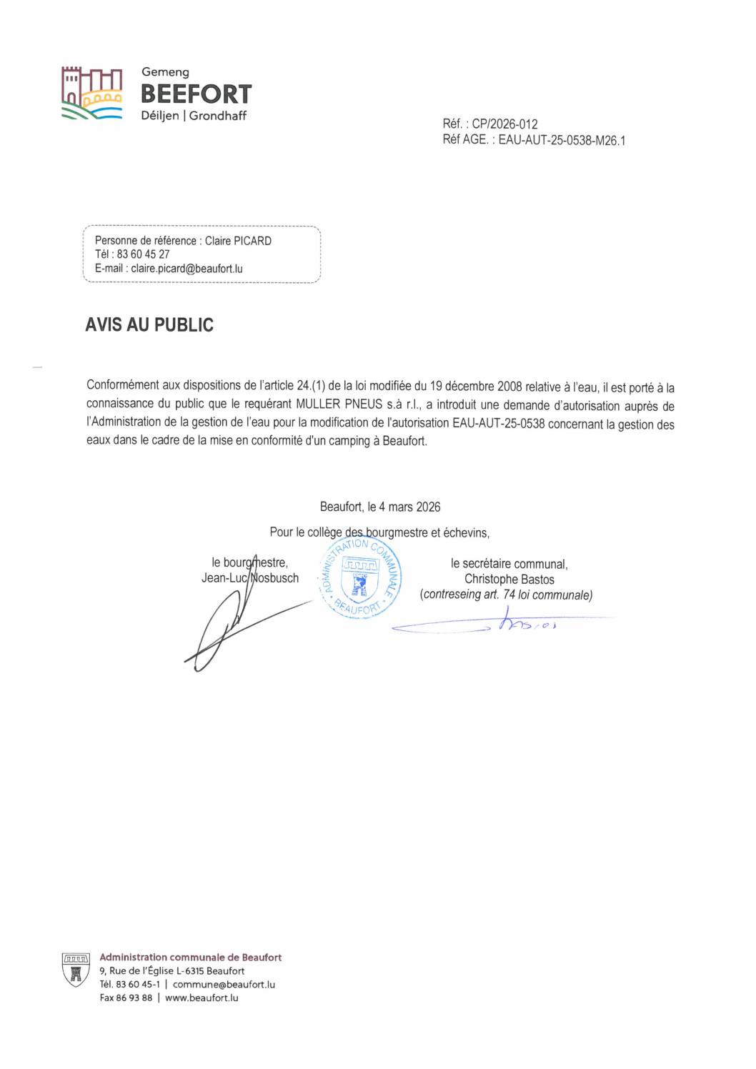 Avis au public: Modification de l'autorisation EAU-AUT-25-0538 concernant la gestion des eaux dans le cadre de la mise en conformité d'un camping à Beaufort