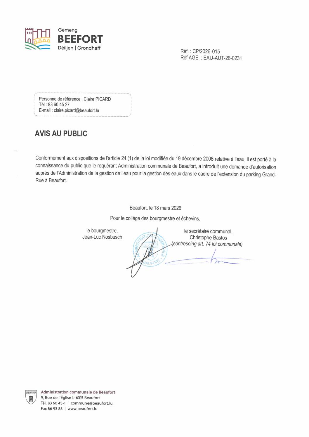 Demande d'autorisation pour la gestion des eaux dans le cadre de l'extension du parking Grand­Rue à Beaufort.