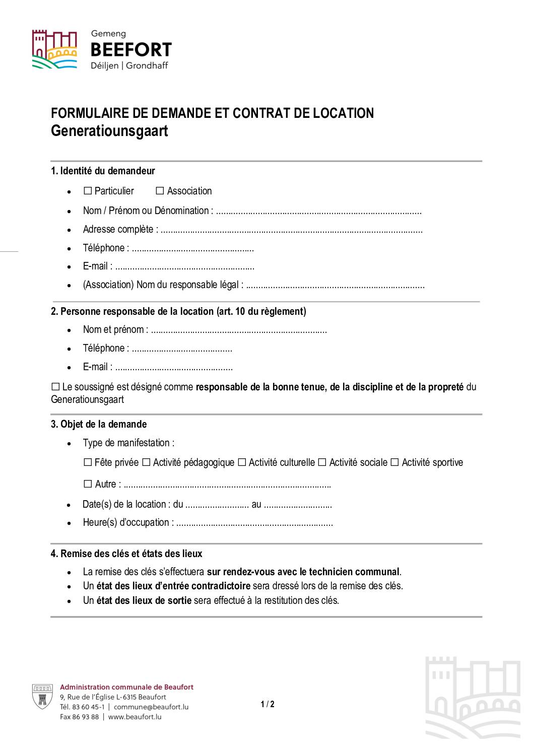 Generatiounsgaart – demande et contrat de location