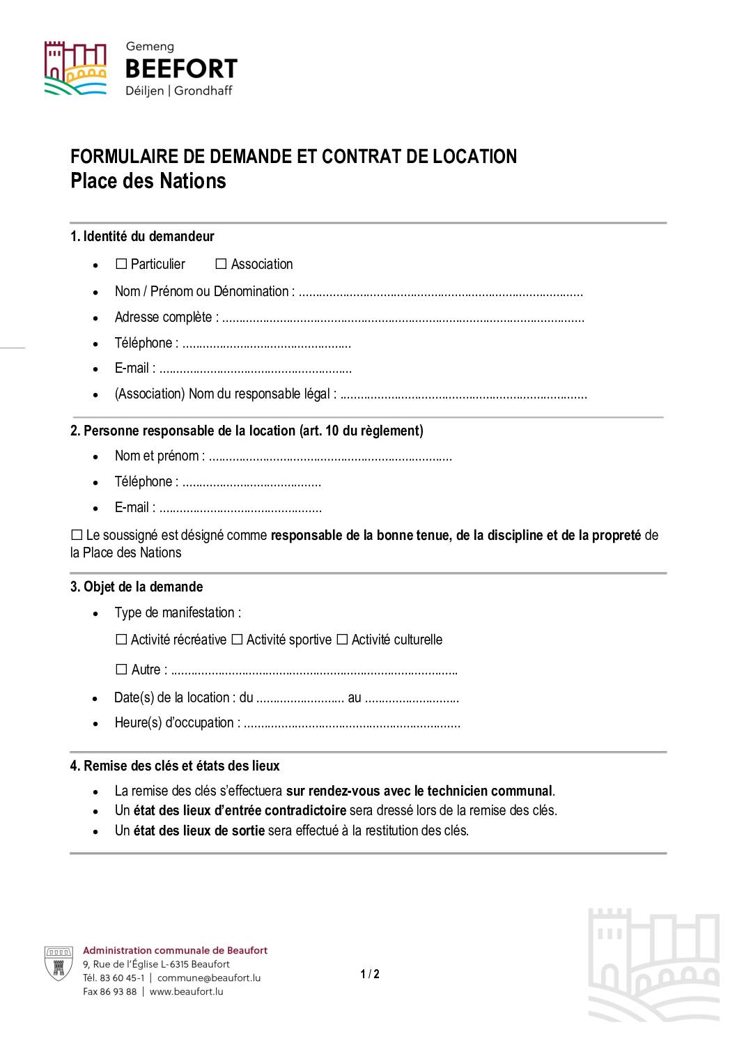 Place des Nations - demande et contrat de location