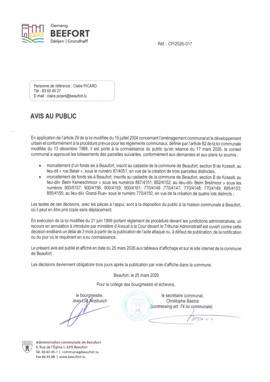 Avis au public: Lotissements de terrains sis à Beaufort