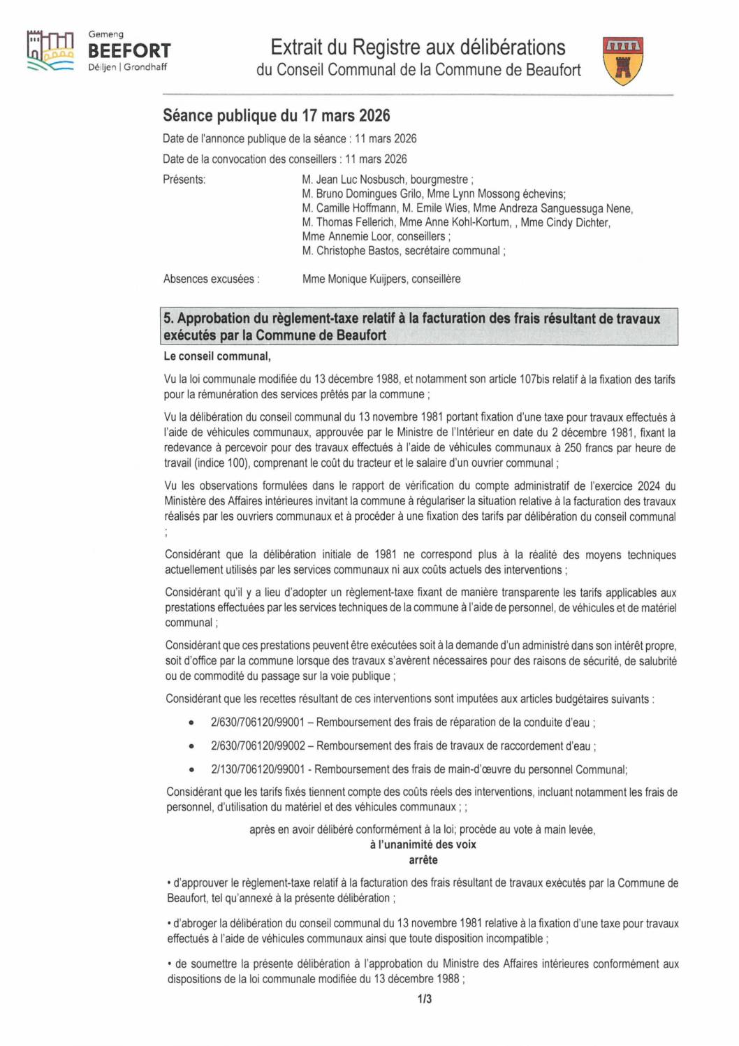 Facturation des frais résultant de travaux exécutés