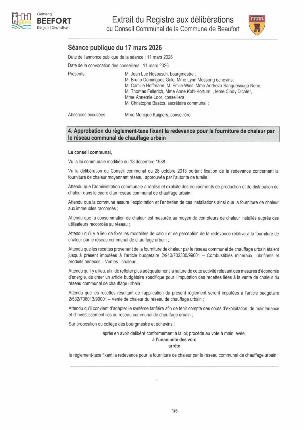 Règlement-taxe fixant la redevance pour la fourniture de chaleur urbain