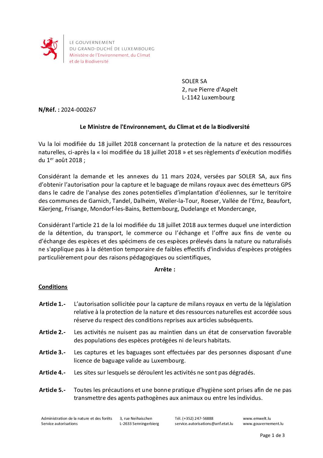 Autorisation pour la capture de milans royaux