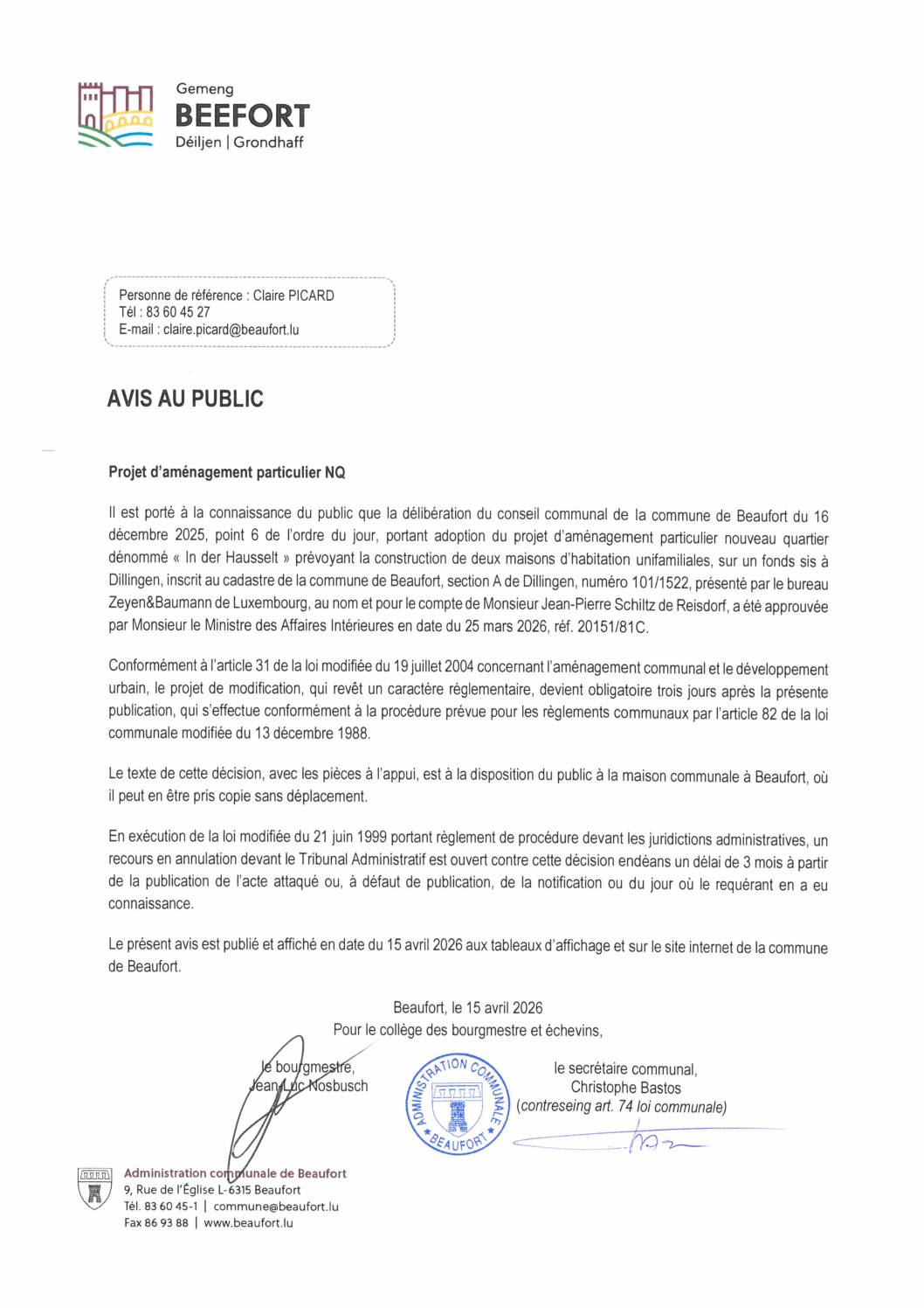 Avis au public: Approbation du PAP NQ "in der Hausselt" à Dillingen