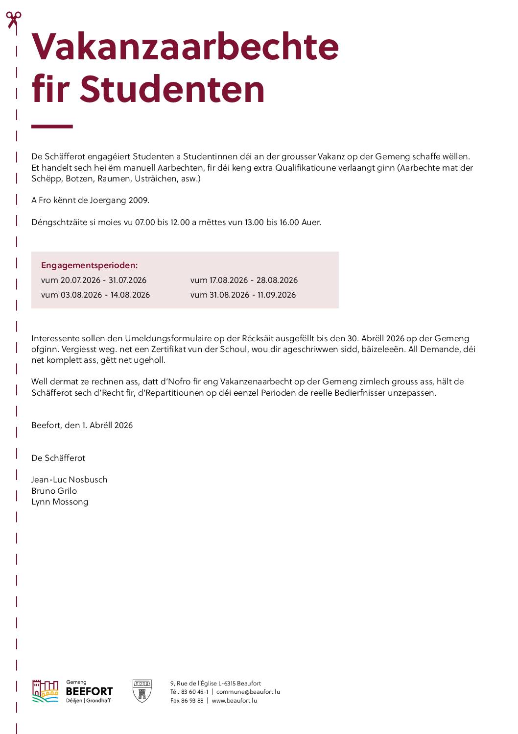 Vakanzaarbechte fir Studenten 2026