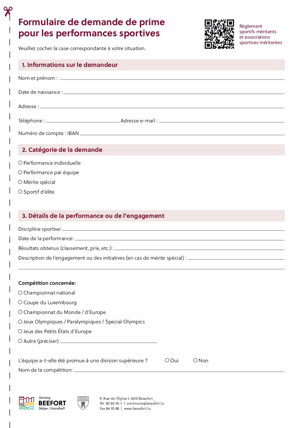 Formulaire de demande de prime pour les performances sportives 2026