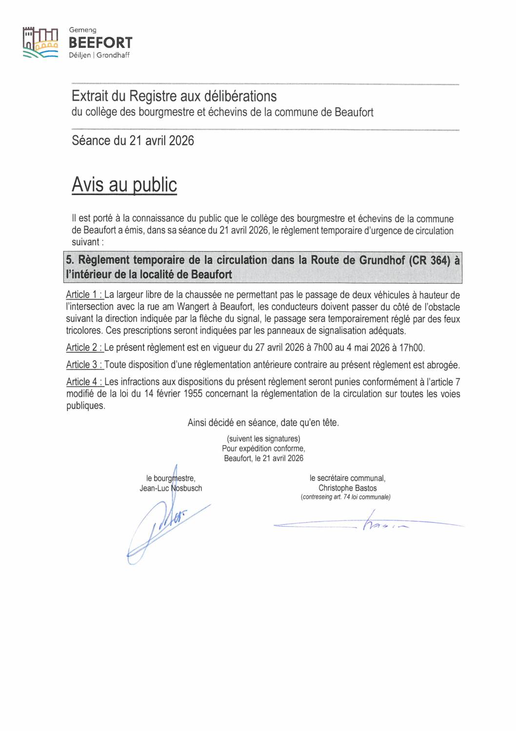 27.04 - 04.05: Règlement temporaire de la circulation route de Grundhof / rue am Wangert