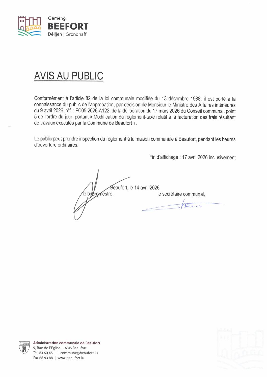 Avis au public - Modification règlement-taxe frais travaux exécutés