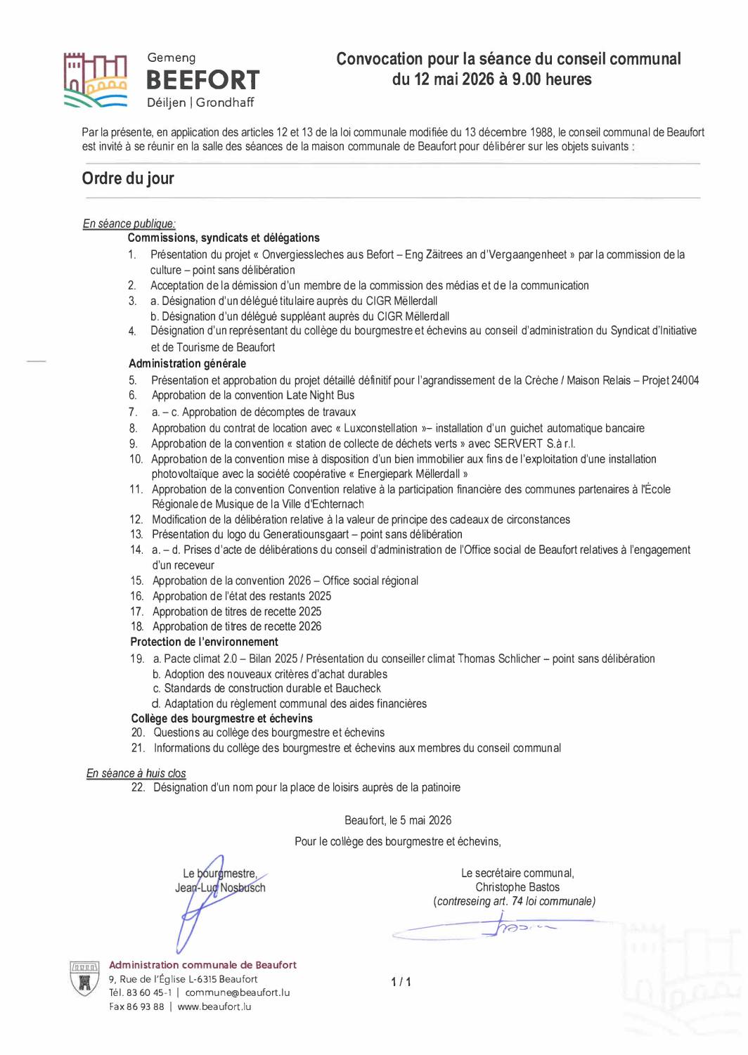 Convocation conseil communal 12.05.2026