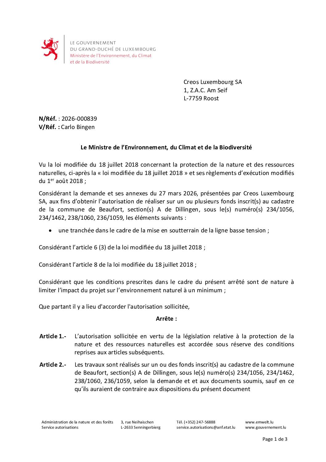 Autorisation environnementale pour tranchée dans le cadre de la mise en soutterrain de la ligne basse tension