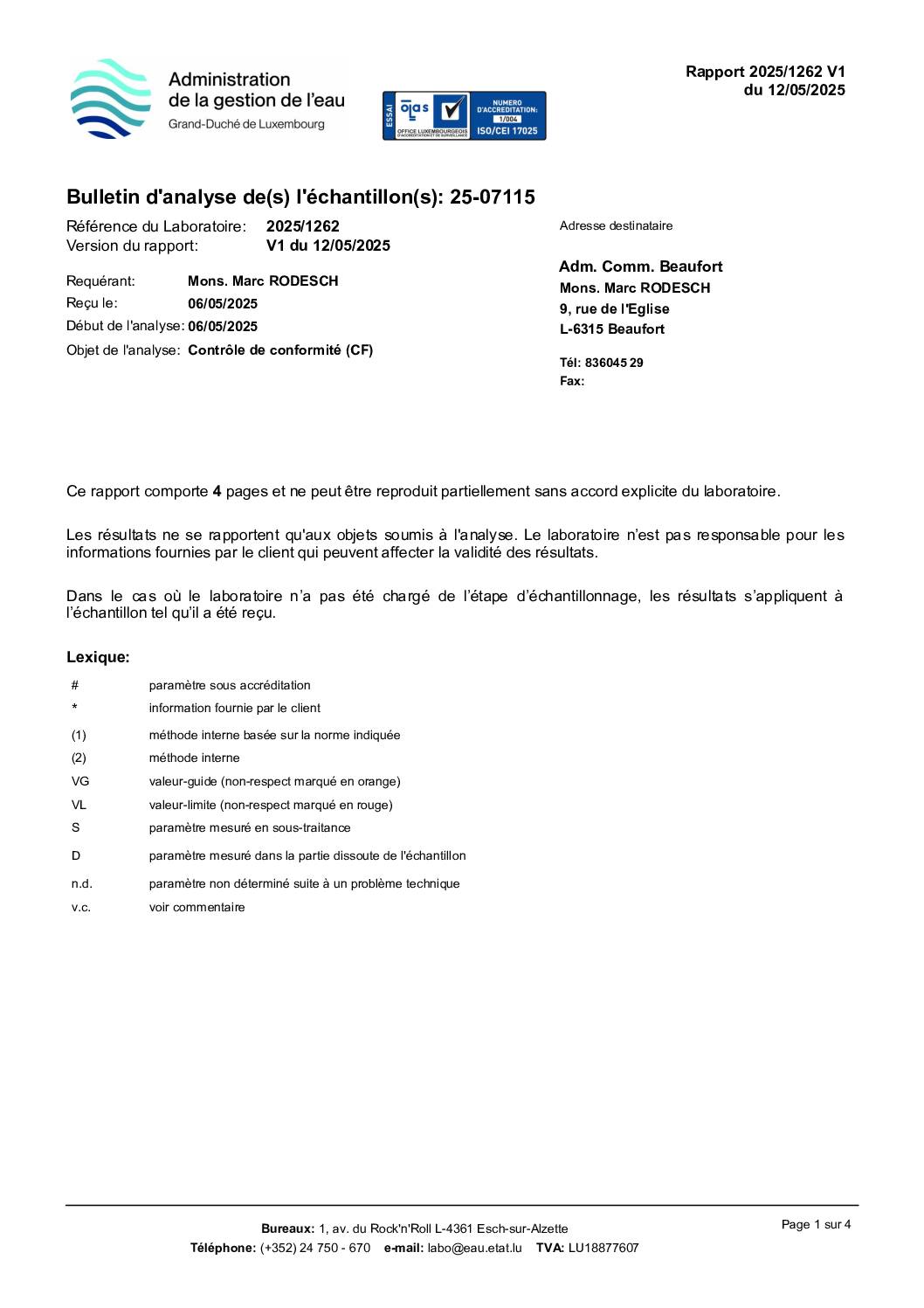 Analyse d'eau 2025/05/12