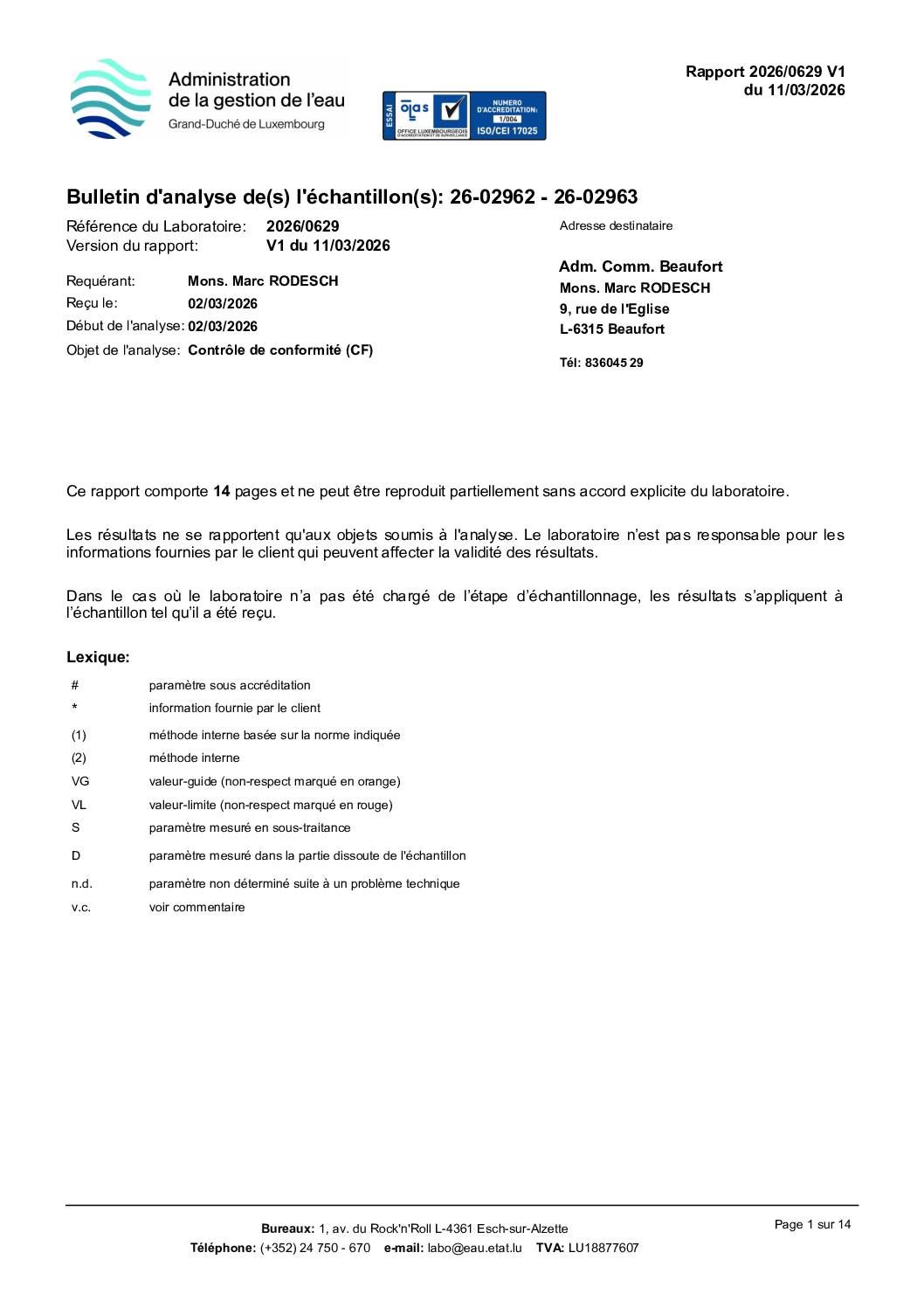 Analyse d'eau 2026/03/11