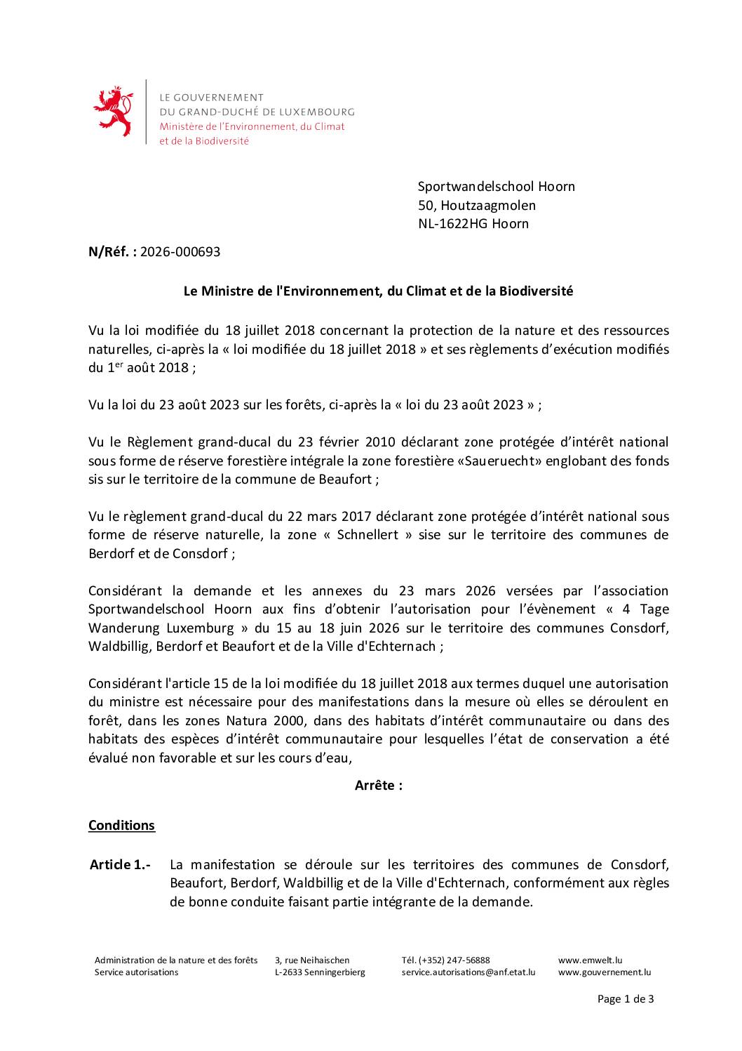 Autorisation environnementale manifestation « 4 Tage Wanderung Luxemburg »