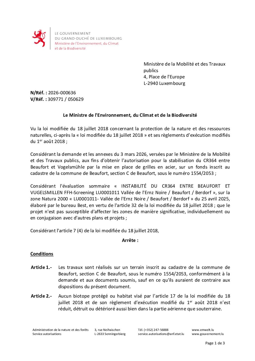 Autorisation environnementale stabilisation du CR364 entre Beaufort et Vogelsmühle