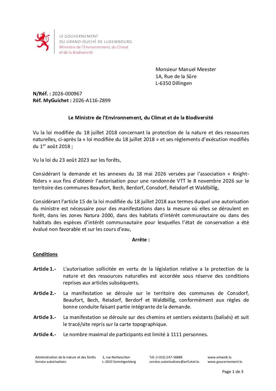 Autorisation environnementale randonnée VTT 8/11/2026