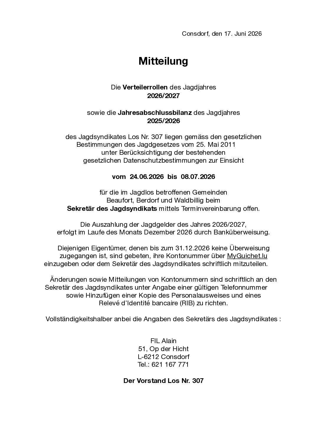 Mitteilung Jagdlos Nummer 307