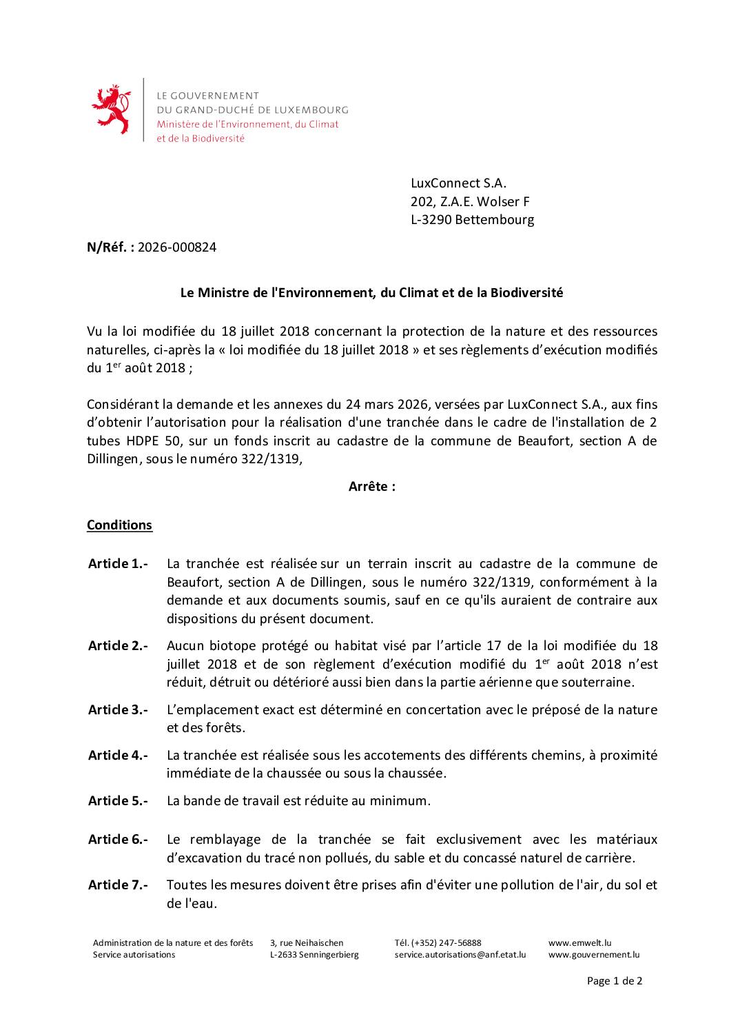Autorisation environnementale pour la réalisation d'une tranchée dans le cadre de l'installation de 2 tubes HDPE 50 à Dillingen