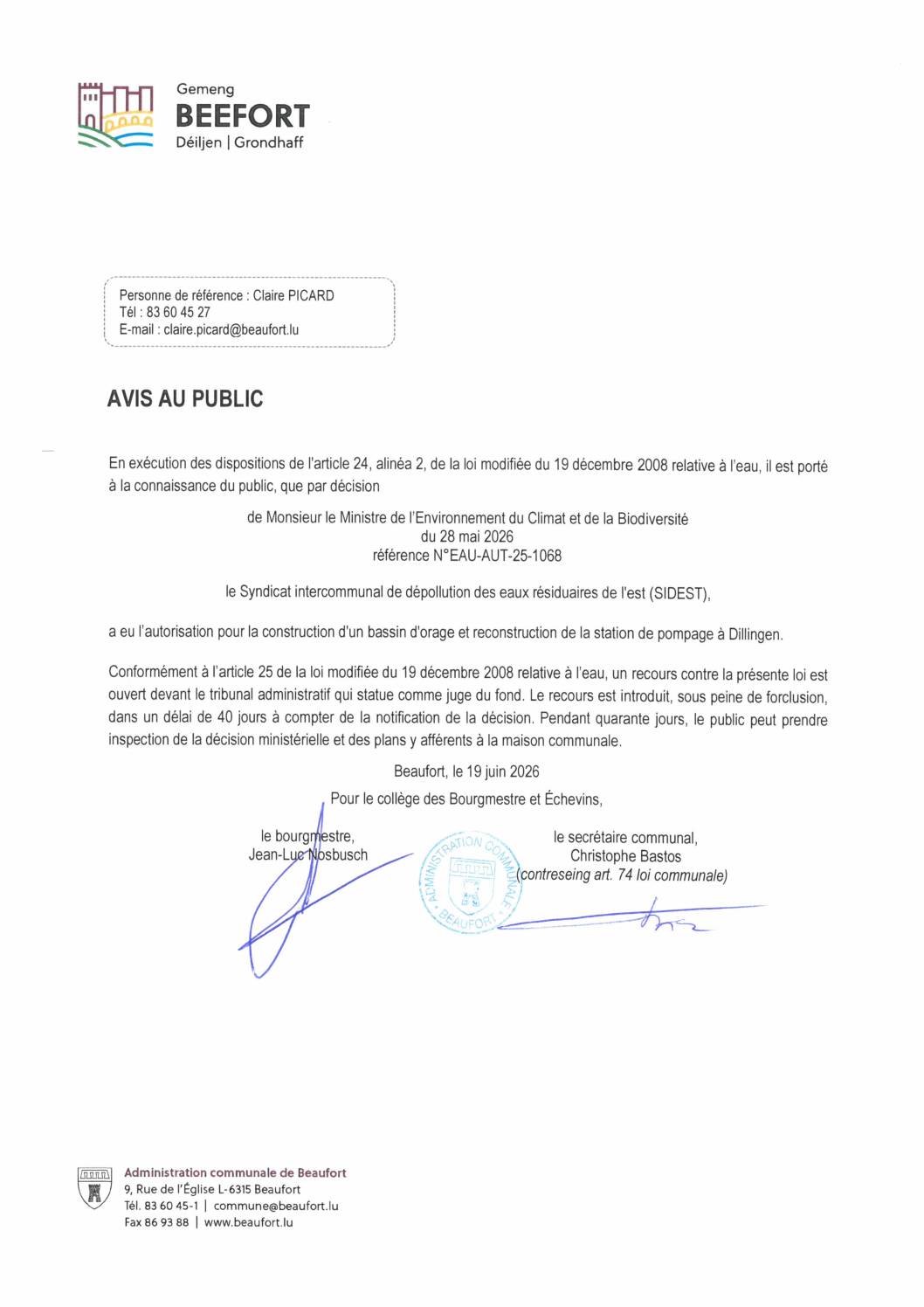 Avis autorisation pour la construction d'un bassin d'orage  et reconstruction de la station de pompage à Dillingen