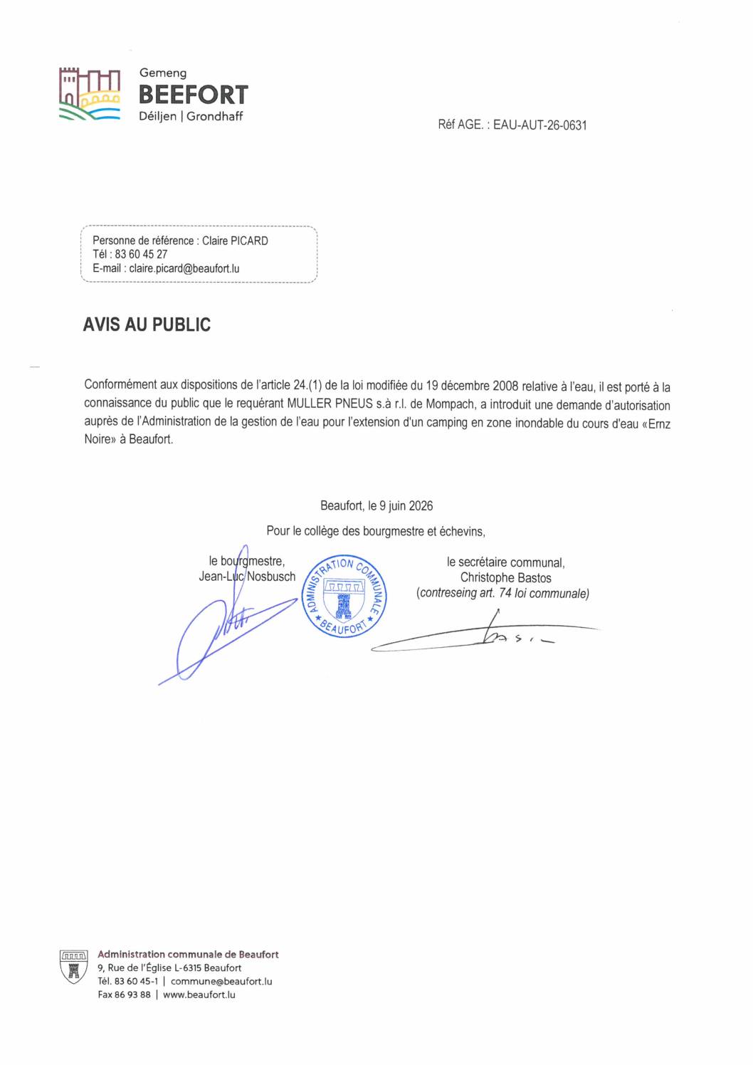 Demande d'autorisation auprès de l'Administration de la gestion de l'eau pour l'extension d'un camping en zone inondable du cours d'eau «Ernz Noire» à Beaufort