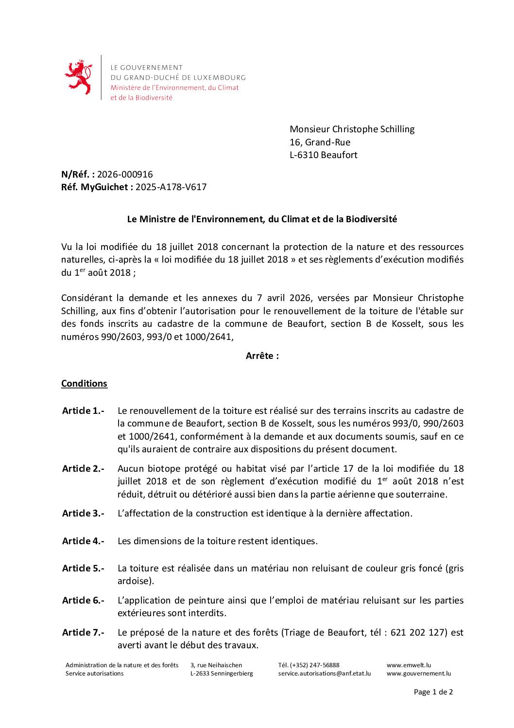 Autorisation environnementale pour le renouvellement de la toiture de l'étable à Beaufort