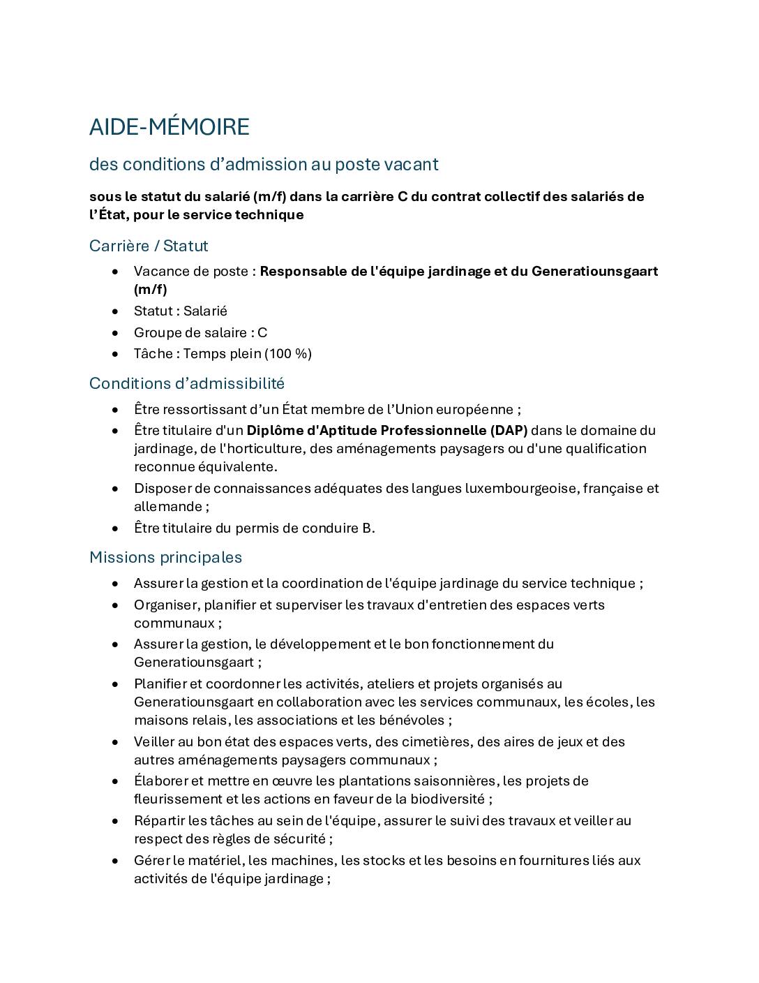 Appel à candidatures: Responsable équipe jardinage - aide mémoire