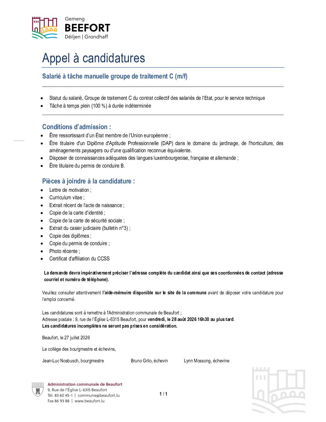 Appel à candidatures: Responsable équipe jardinage
