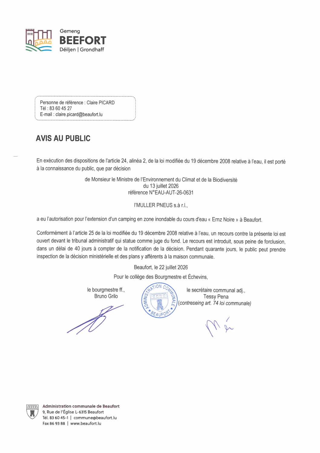 Autorisation pour l'extension d'un camping en zone inondable du cours d'eau « Ernz Noire » à Beaufort.