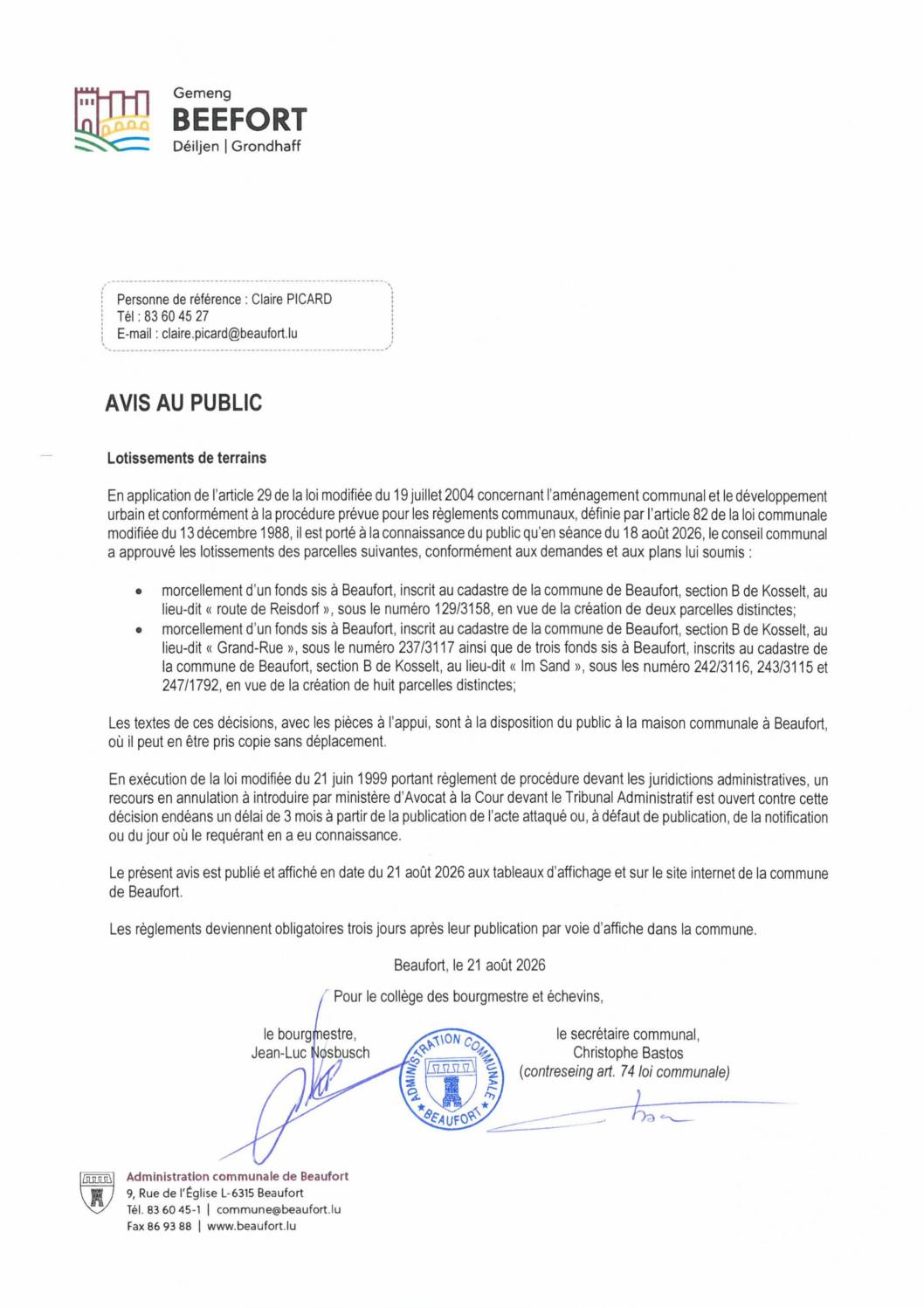 Avis au public: lotissements de terrains à Beaufort