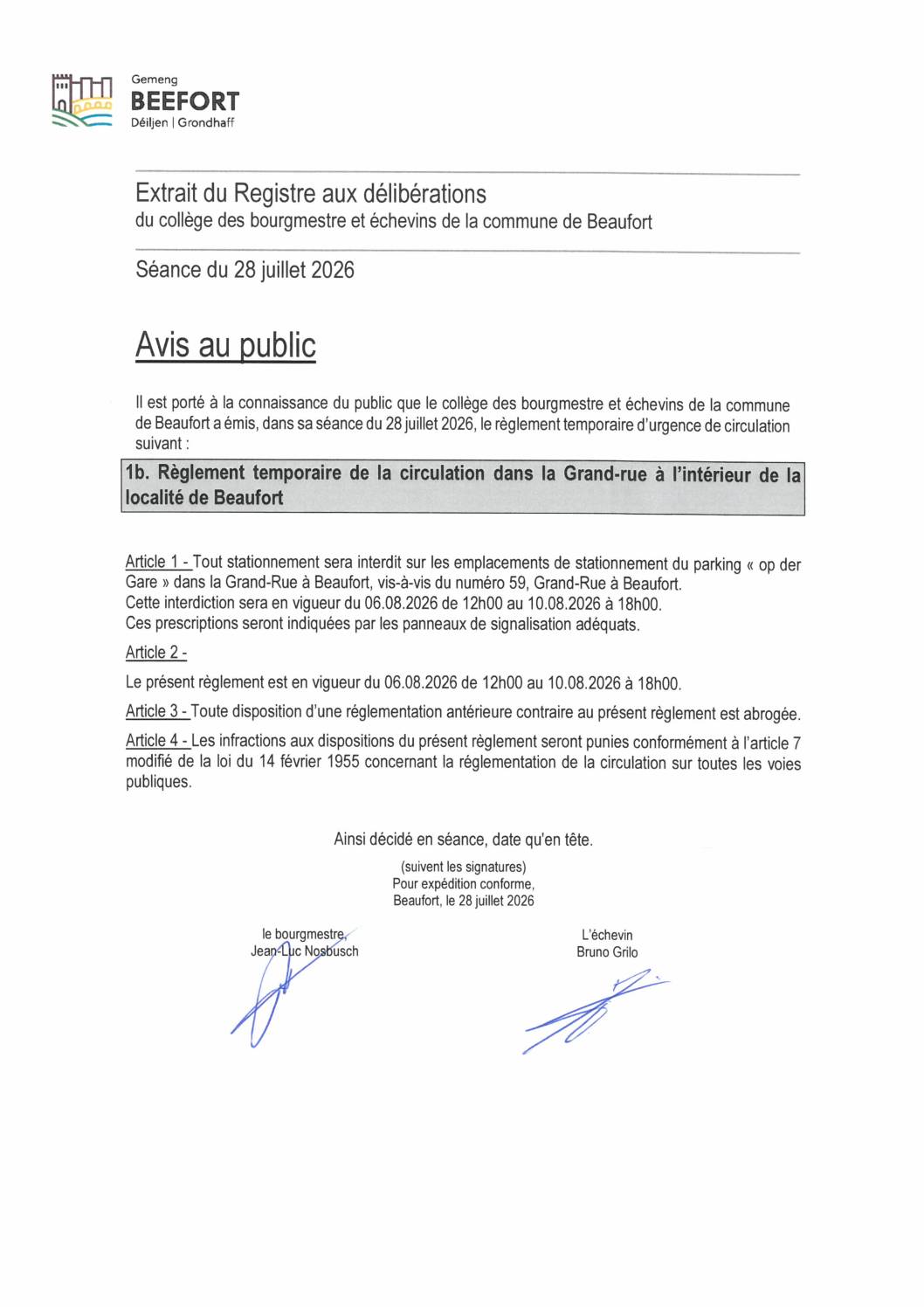 06.-10.08.2026: Règlement temporaire de la circulation dans la Grand-Rue
