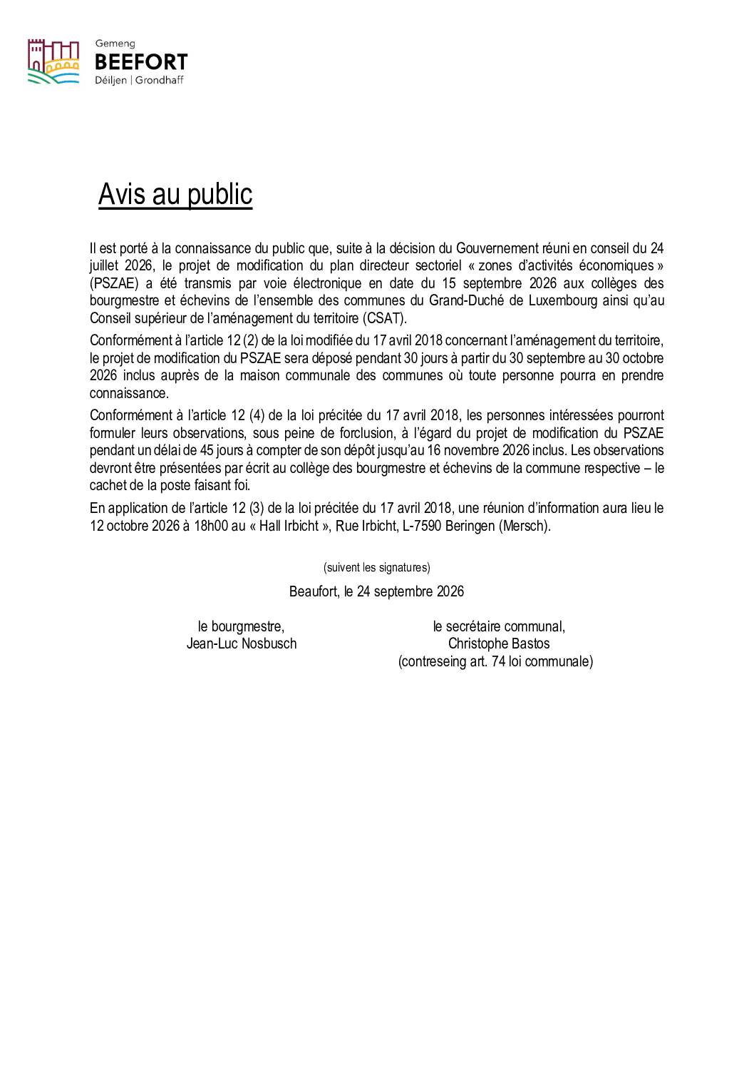 Avis au public: plan directeur sectoriel « zones d’activités économiques »