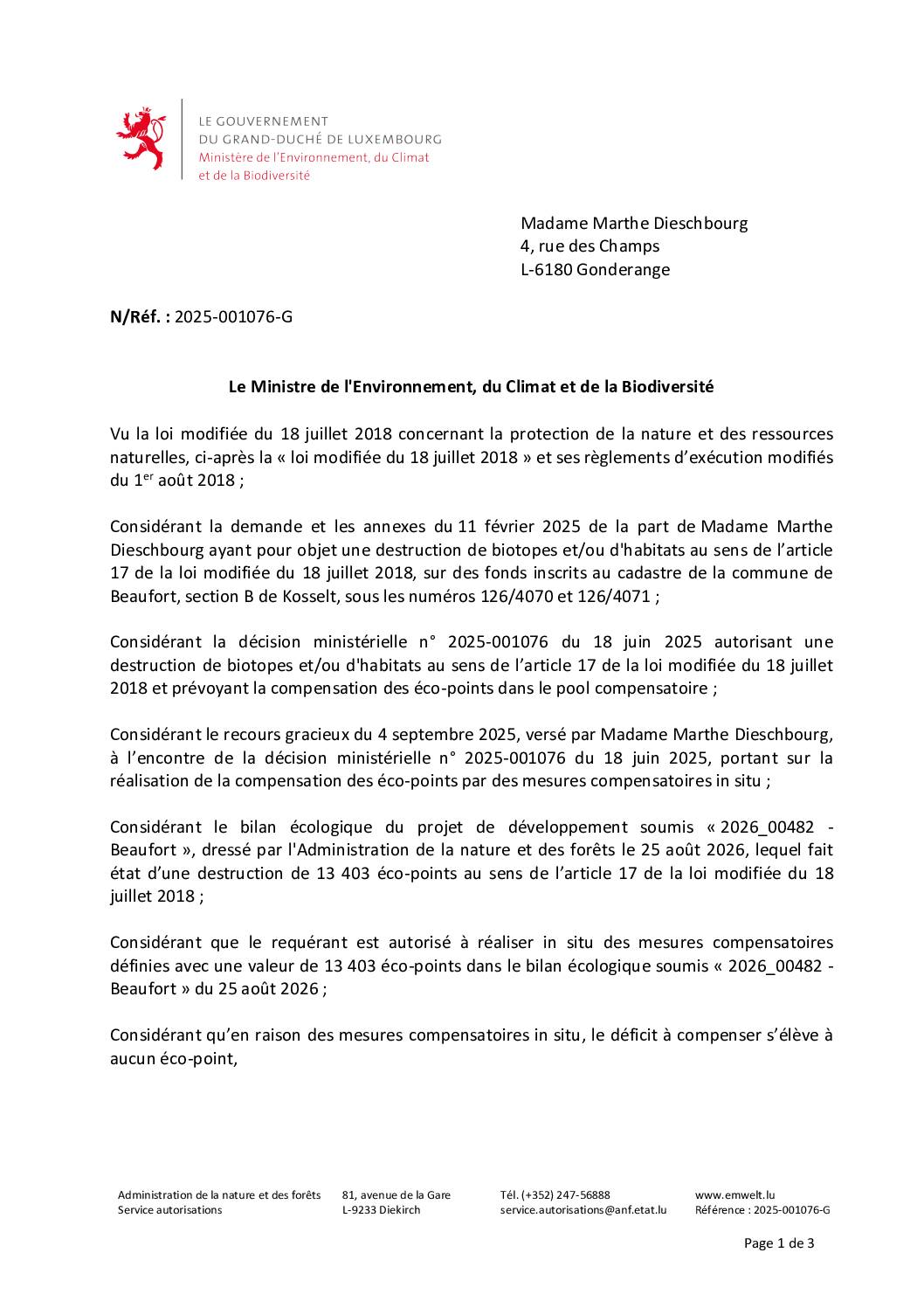 Autorisation environnementale: destruction au sens de l’article 17 de la loi modifiée du 18 juillet 2018