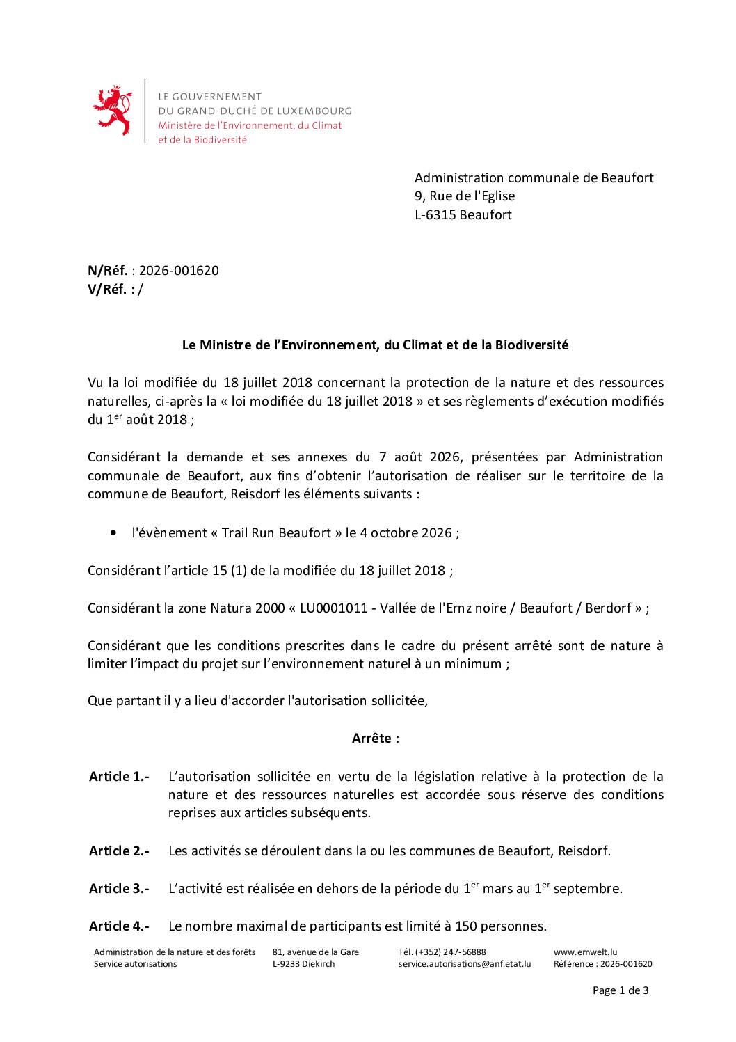 Autorisation environnementale pour le "Trail Run Beaufort" le 4 octobre 2026