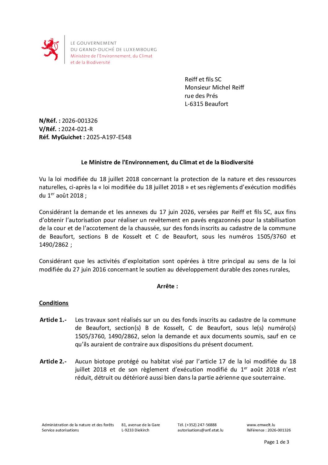 Autorisation environnementale pour réaliser un revêtement en pavés engazonnés pour la stabilisation de la cour et de l’accotement de la chaussée,