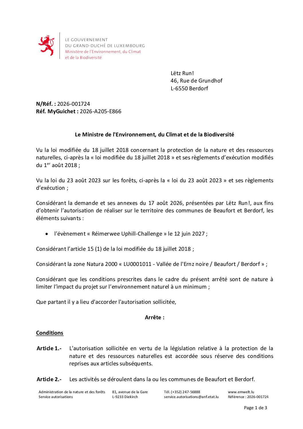 Autorisation environnementale: "Réimerwee Uphill-Challenge"