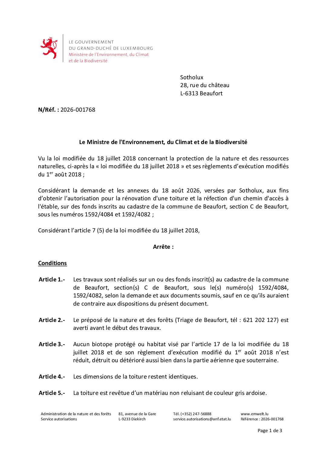 Autoirsation environnementale: rénovation d'une toiture et la réfection d'un chemin d'accès à l'étable