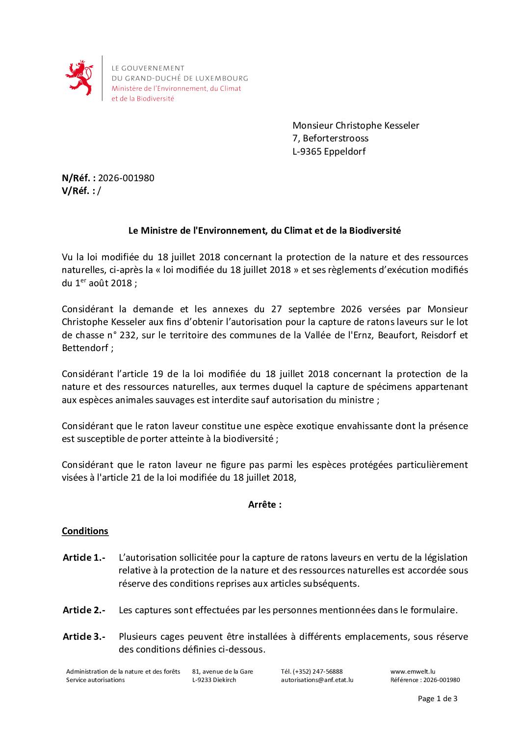 Autorisation environnementale pour la capture de ratons laveurs