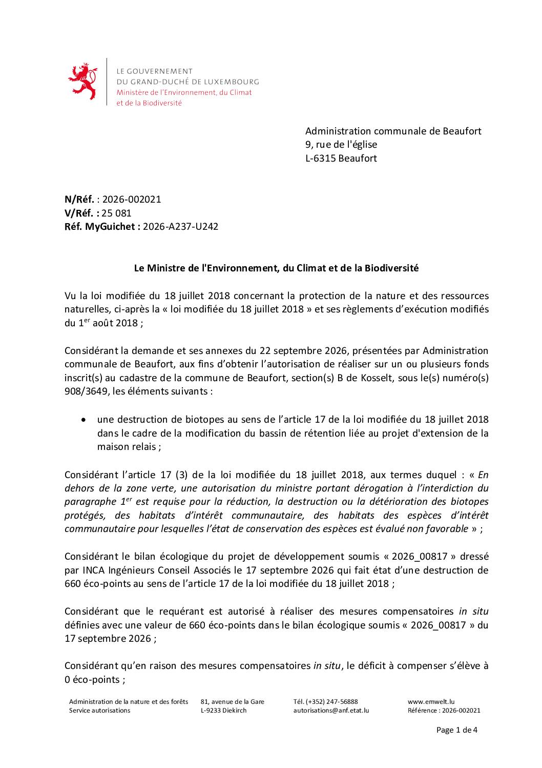 Autorisation environnementale destruction de biotopes dans le cadre de la modification du bassin de rétention liée au projet d'extension de la maison relais