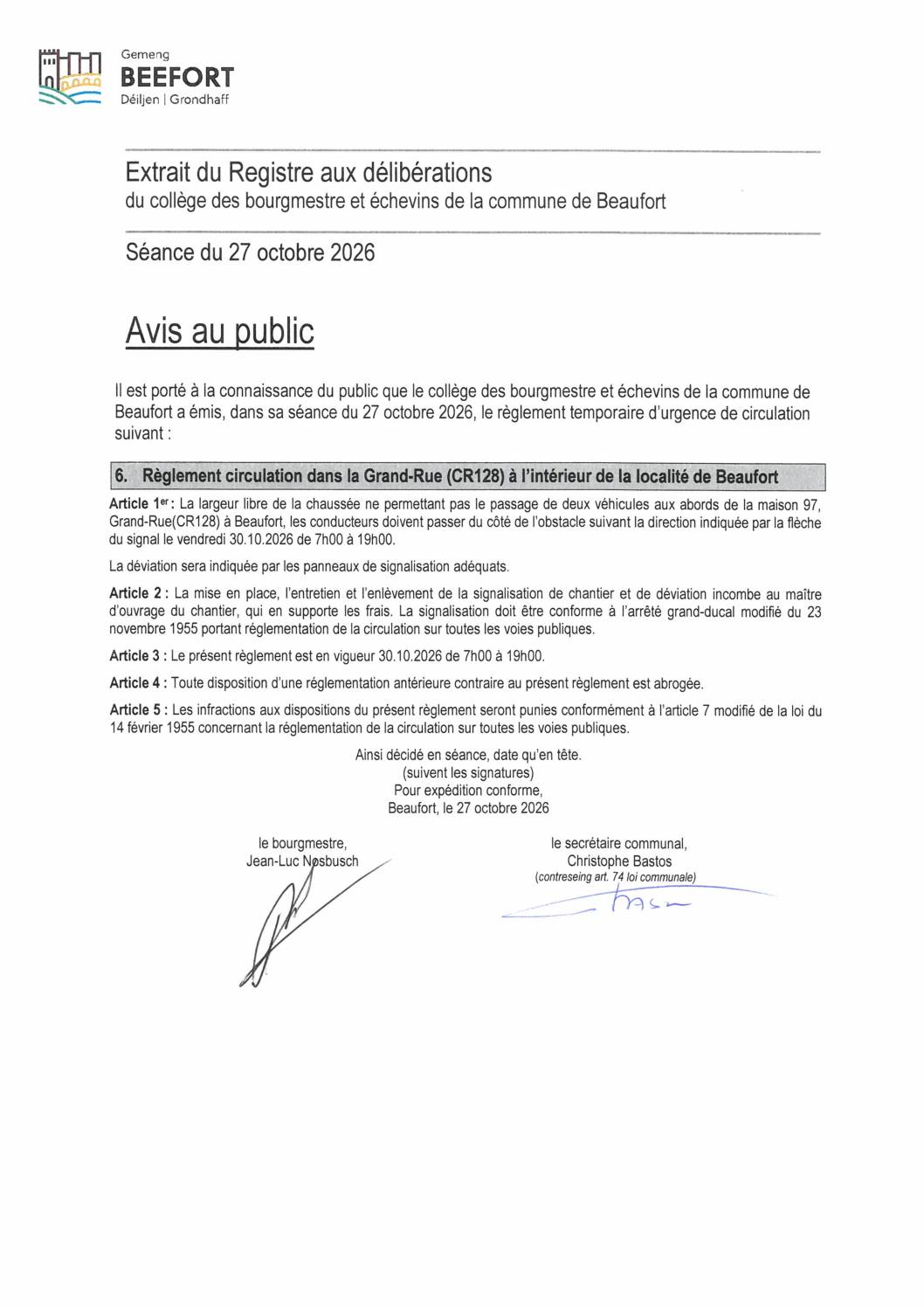 30.10.2026: Règlement de circulation aux abords de 97, Grand-Rue à Beaufort